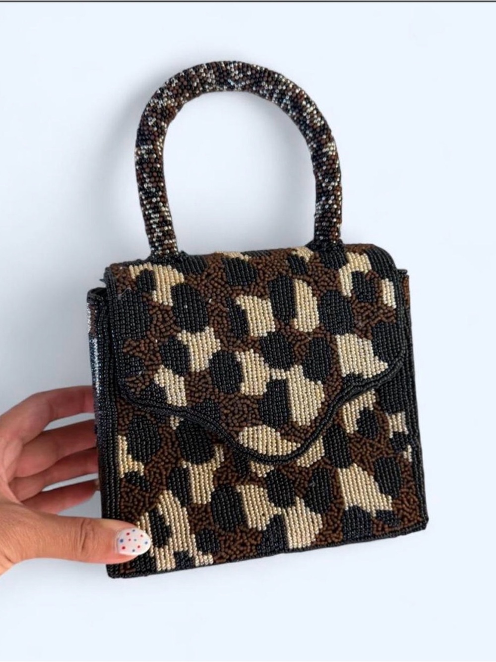 Beaded Mini Top-Handle Bag in Brown/Black